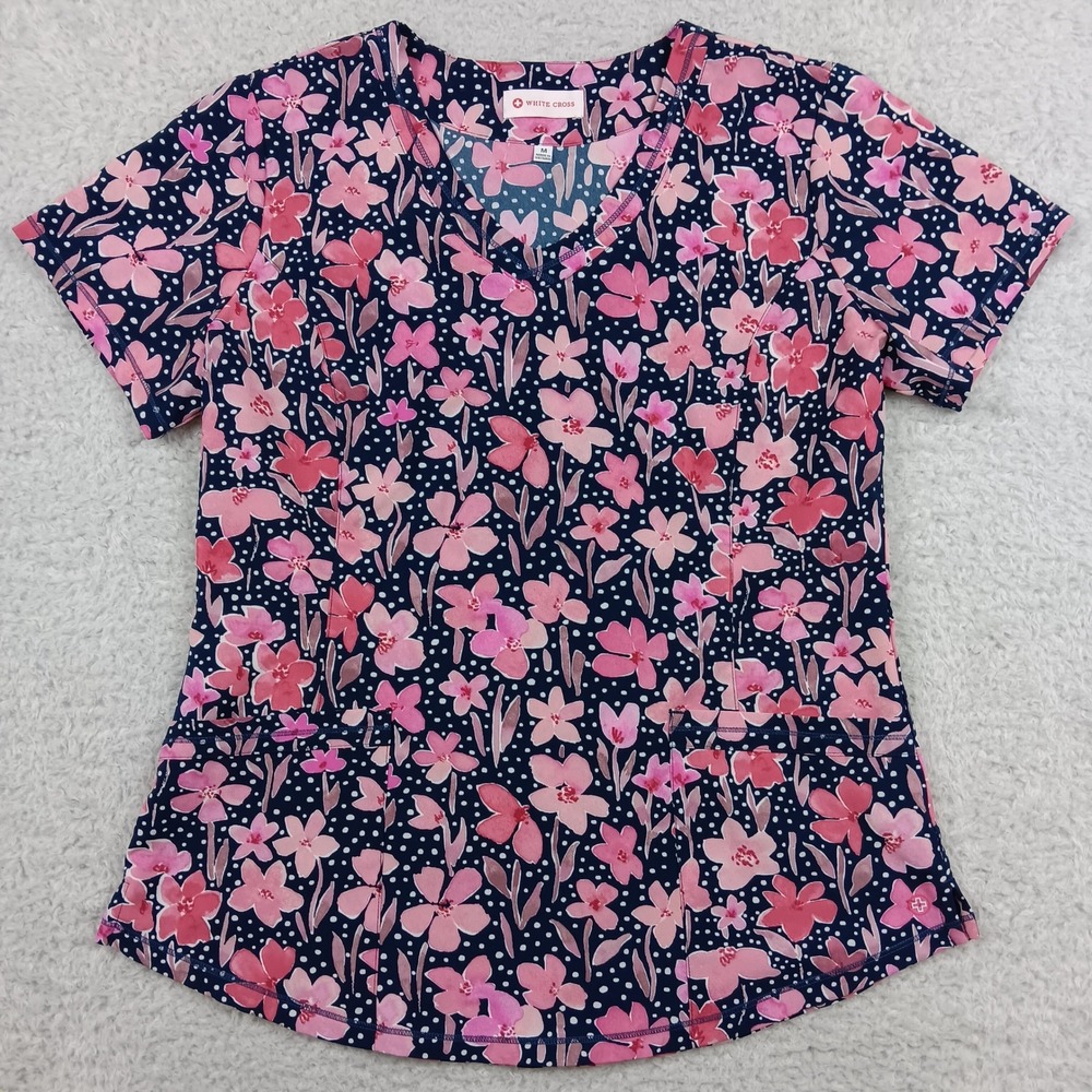 White Cross Scrub Top V-Neck Womens M Navy Blue Pink Floral Polka Dot 782SPMS